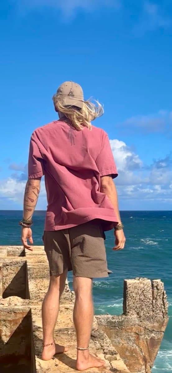 Alex at the ocean overlook, Kauai, HI — wearing the HI Classic Tee
